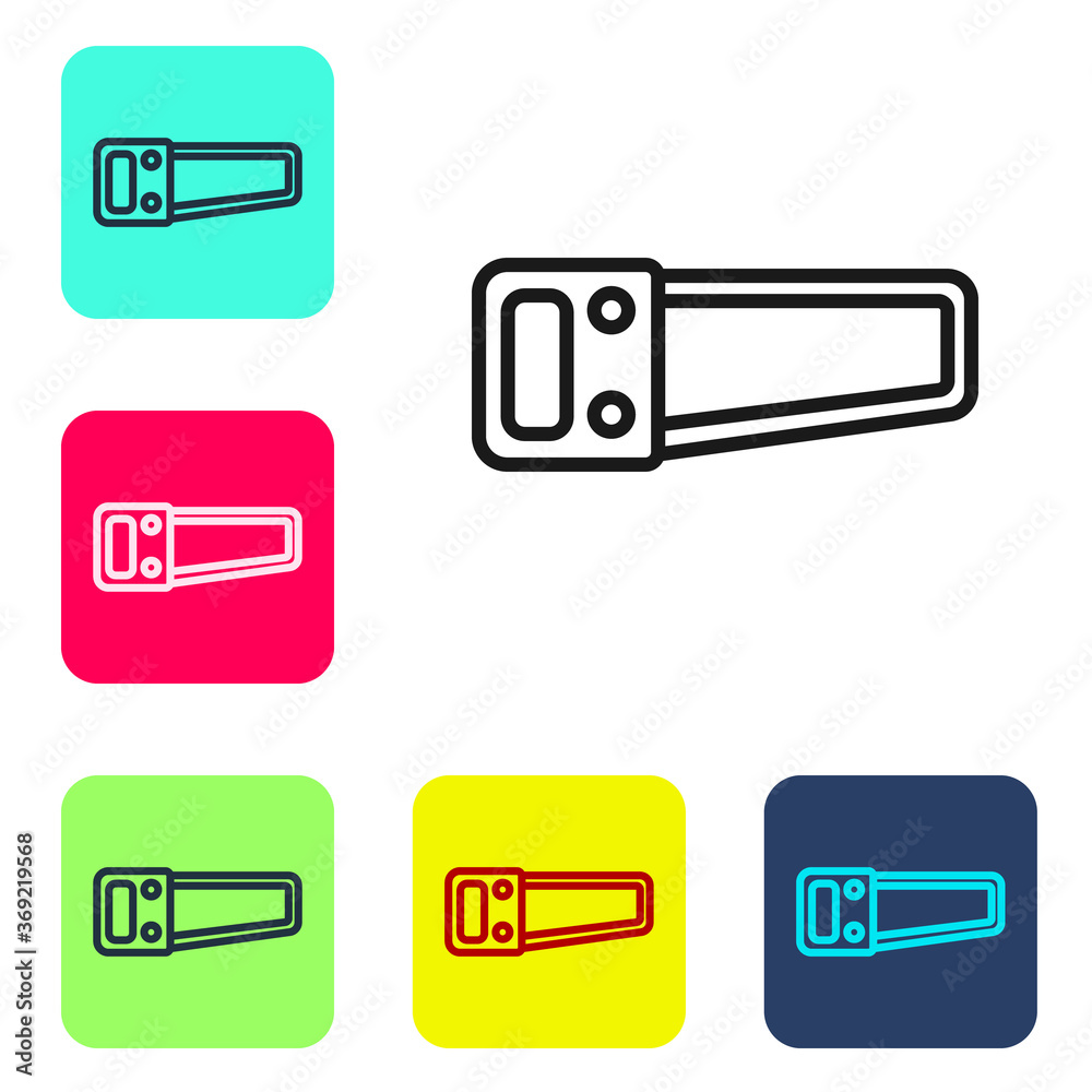 Black line Hand saw icon isolated on white background. Set icons in color square buttons. Vector Illustration. Black line Hand saw icon isolated on white background. Set icons in color square buttons. Vector Illustration.
