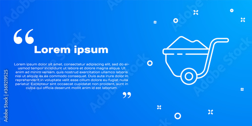 White line Wheelbarrow with dirt icon isolated on blue background. Tool equipment. Agriculture cart wheel farm. Vector Illustration.