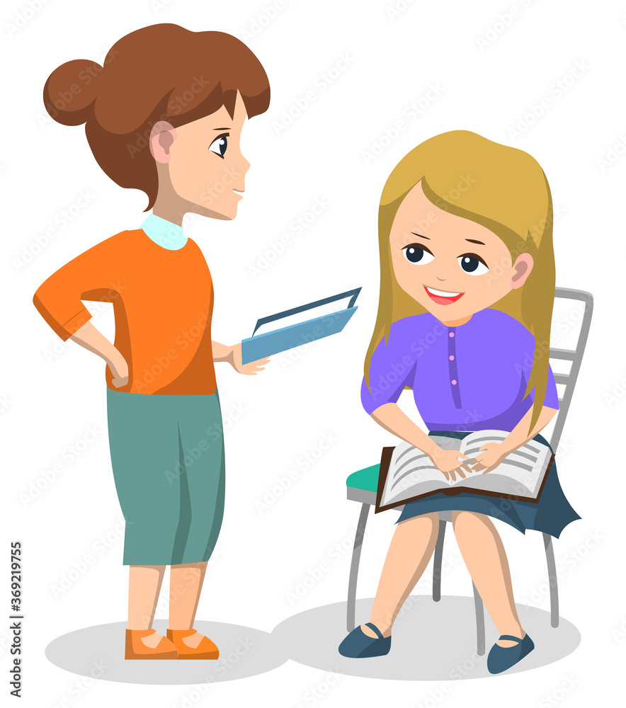 Book club for pupils after lessons. Schoolgirl sitting on chair near teacher woman and they read together. Hobby reading interesting stories. Back to school concept. Flat cartoon vector illustration Book club for pupils after lessons. Schoolgirl sitting on chair near teacher woman and they read together. Hobby reading interesting stories. Back to school concept. Flat cartoon vector illustration