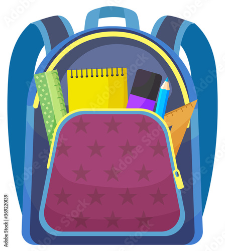 Colored school backpack. Education and study back to school, schoolbag luggage, rucksack vector illustration. Kids school bag with education equipment. Backpacks with study supplies. Student satchels
