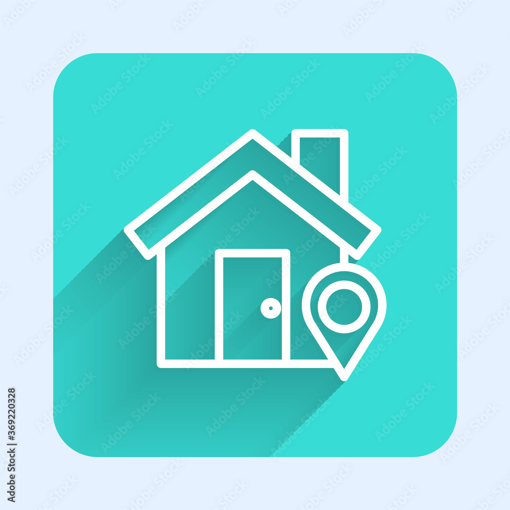 White line Map pointer with house icon isolated with long shadow. Home location marker symbol. Green square button. Vector Illustration. White line Map pointer with house icon isolated with long shadow. Home location marker symbol. Green square button. Vector Illustration.