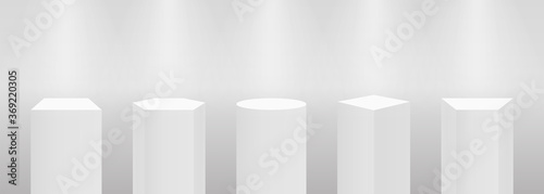 3d pedestal or podium mockup in pillar shapes. Set of empty stage or pedestal mockups isolated on white background. Podium or platform for award ceremony and product presentation