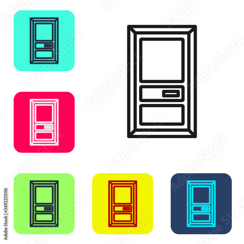 Black line Closed door icon isolated on white background. Set icons in color square buttons. Vector Illustration.