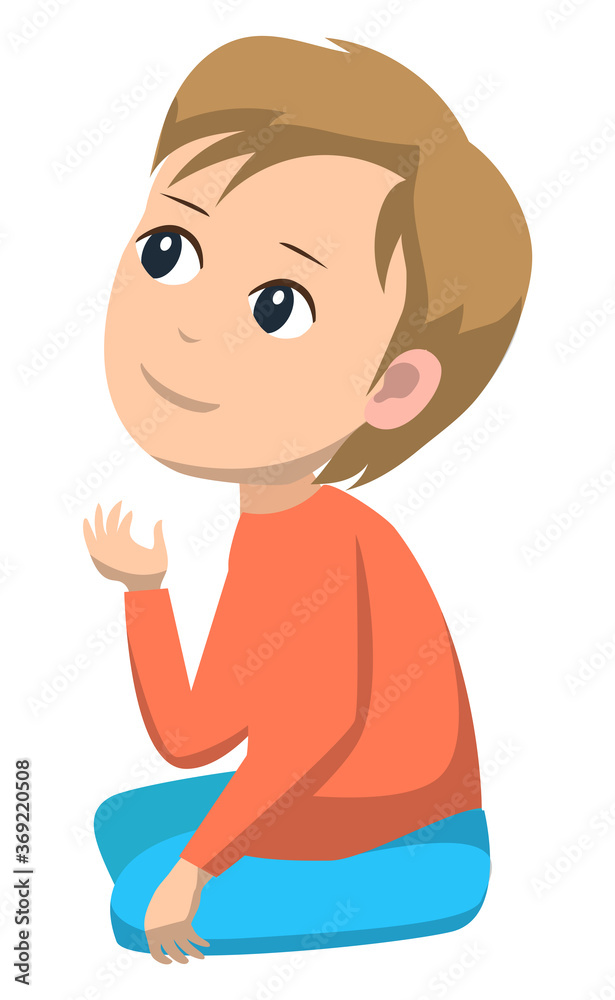 Boy sitting on floor and looking up, hand raised. Kid with light hair and brown eyes. Child sit in red sweater and blue pants. Person isolated on white background. Vector illustration in flat style