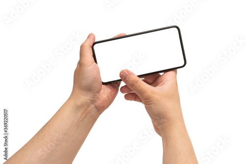 Smart phone in man hand isolated on white background.  White screen.
