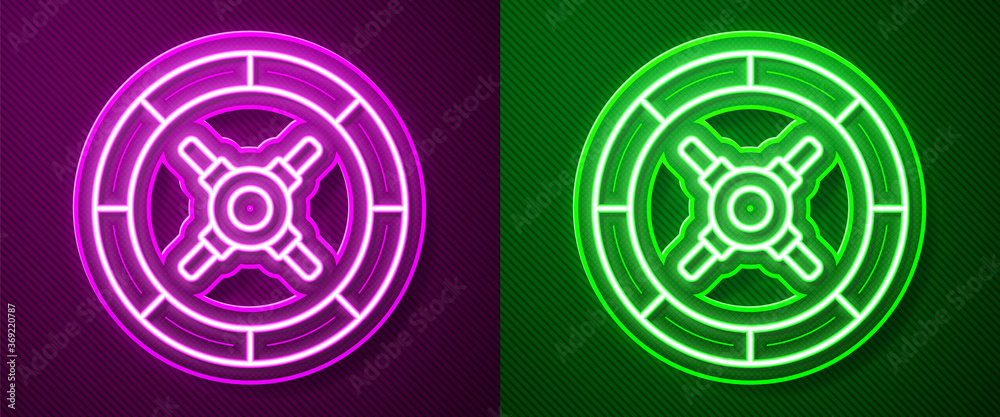 Glowing neon line Safe icon isolated on purple and green background. The door safe a bank vault with a combination lock. Reliable Data Protection. Vector Illustration. Glowing neon line Safe icon isolated on purple and green background. The door safe a bank vault with a combination lock. Reliable Data Protection. Vector Illustration.