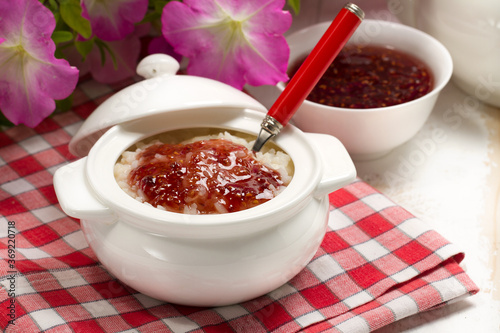 Rice pudding with homemade raspberry jam