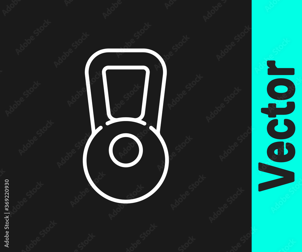 White line Kettlebell icon isolated on black background. Sport equipment. Vector Illustration.
