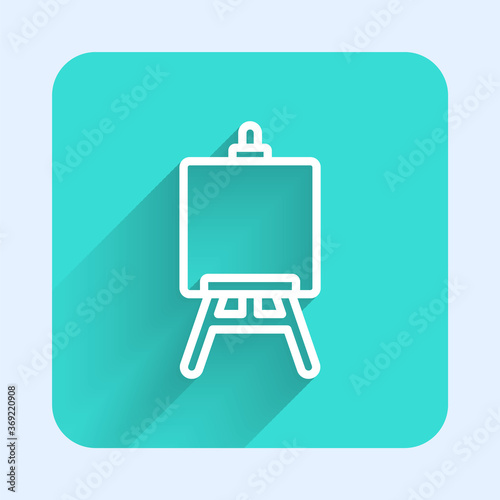 White line Wood easel or painting art boards icon isolated with long shadow. Green square button. Vector Illustration.