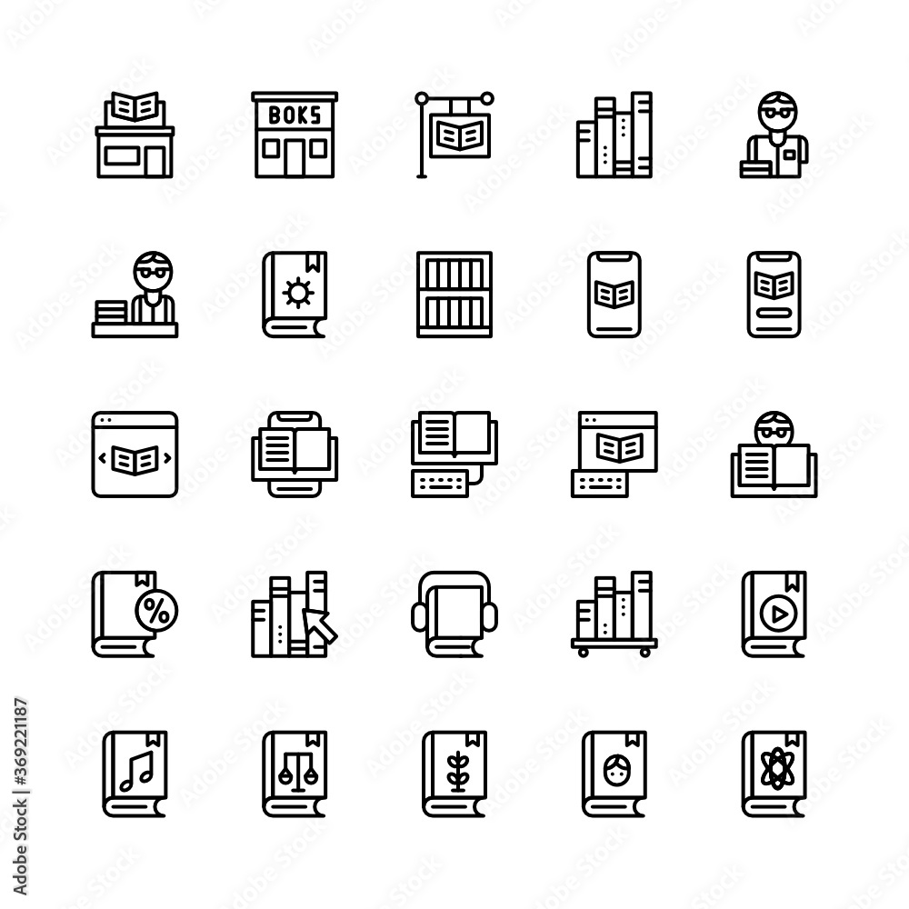Set of bookstore, book sale, sale book outline style icon - vector