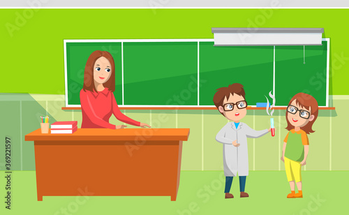Girl and boy educating with flask, teach sitting at desktop, pupils researching. Elementary school, people in green classroom, chemistry lesson vector