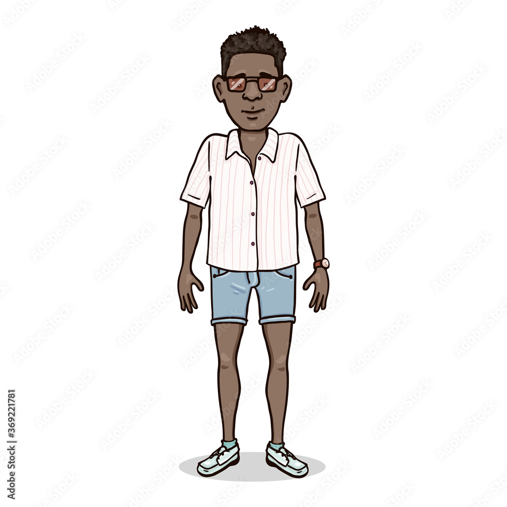 Vector Cartoon Character - Young Afroamerican Man in Shorts and Shirt Vector Cartoon Character - Young Afroamerican Man in Shorts and Shirt