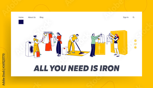 Characters Use Steamer Iron for Clothes Landing Page Template. Staff Steam off Garment on Hanger, Man Clean Rag in Hotel