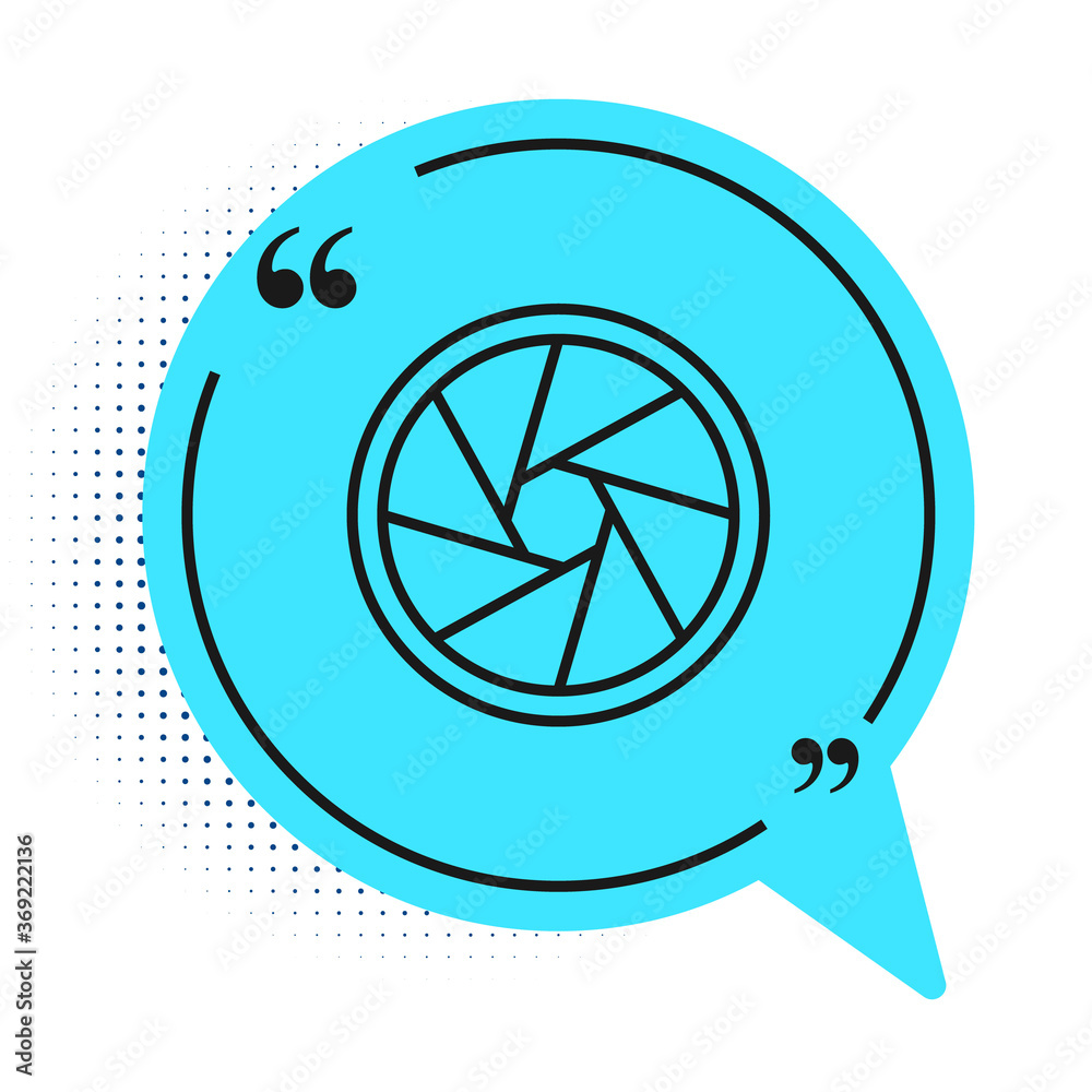 Black line Camera shutter icon isolated on white background. Blue speech bubble symbol. Vector Illustration. Black line Camera shutter icon isolated on white background. Blue speech bubble symbol. Vector Illustration.