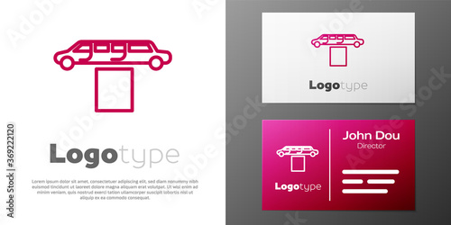 Logotype line Luxury limousine car and carpet icon isolated on white background. For world premiere celebrities and guests poster. Logo design template element. Vector Illustration.