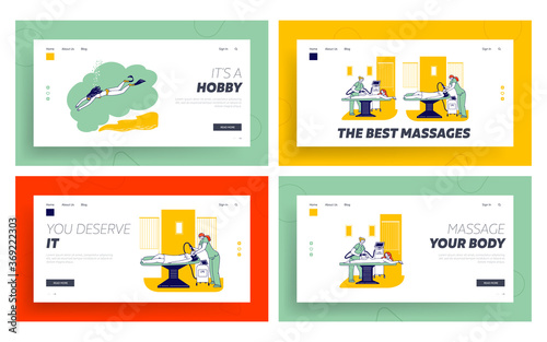 Lpg Apparatus Cosmetology, Free Diving Landing Page Template Set. Girls Spa Procedure, Women Free Diving Hobby in Ocean