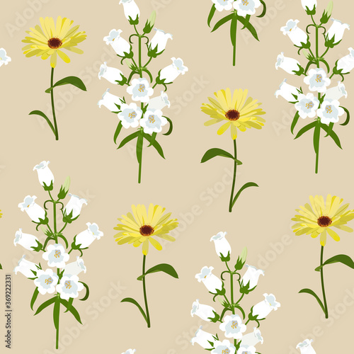 Seamless vector illustration with calendula and campanula © Nadezhda