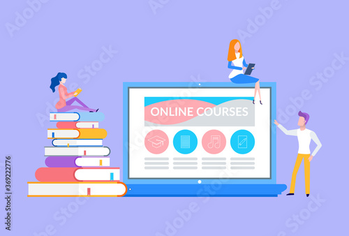 Online courses people sitting on laptop and books vector. Bookworms and modern students preparing for testing, education in distance, remote studies