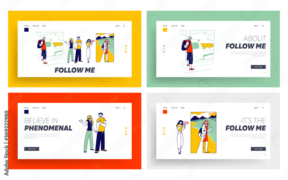 Follow Me Gesture Landing Page Template Set. Characters Outstretching Hand Smiling Woman Hold Hand First Person View