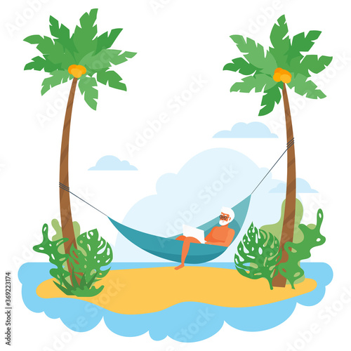 Elderly man lies with laptop on hammock on island