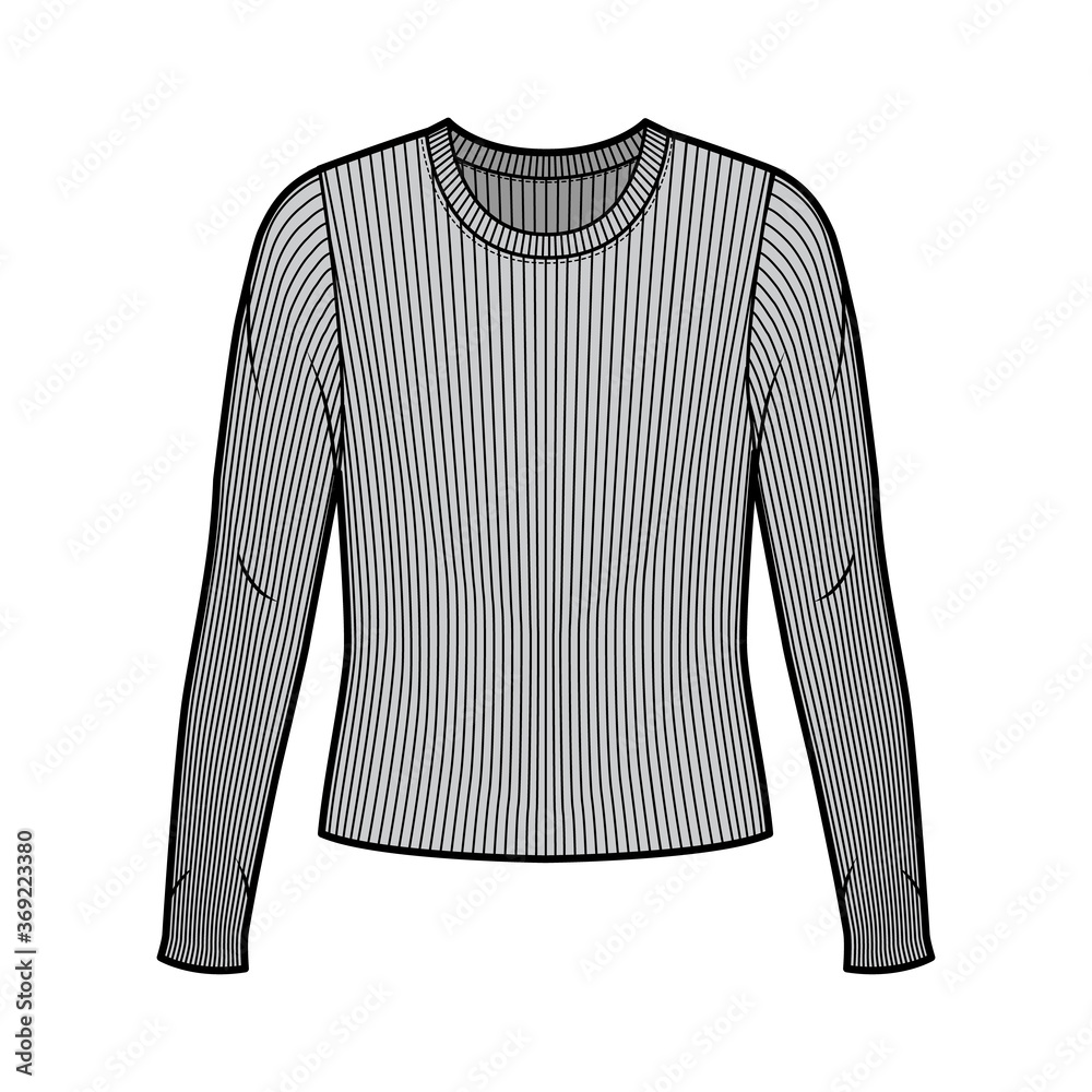 Ribbed crew neck knit sweater technical fashion illustration with long sleeves, oversized body. Flat outwear apparel template front grey color. Women men unisex shirt top CAD mockup Ribbed crew neck knit sweater technical fashion illustration with long sleeves, oversized body. Flat outwear apparel template front grey color. Women men unisex shirt top CAD mockup