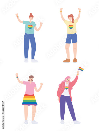 LGBTQ community, women with rainbow skirt colors flag heart cartoon, gay parade sexual discrimination protest