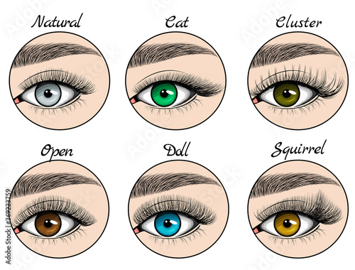 Photo Kinds of lashes sets on blue, green, grey and brown eyes with brows
