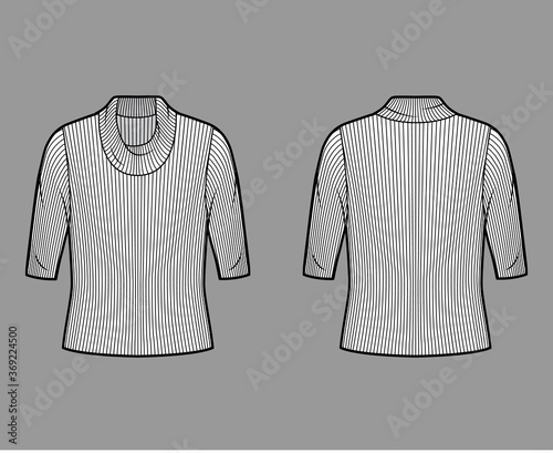 Ribbed cowl turtleneck knit sweater technical fashion illustration with elbow sleeves, oversized body. Flat sweater apparel template front, back white color. Women, men unisex shirt top CAD mockup