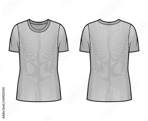 Ribbed crew neck knit sweater technical fashion illustration with short rib sleeves, oversized body tunic length. Flat outwear apparel template front back white color. Women men unisex shirt top CAD