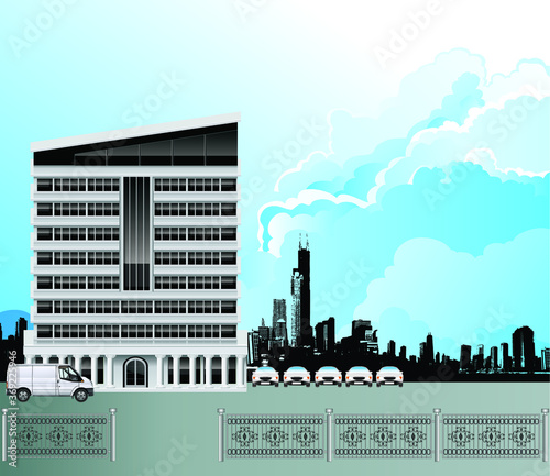 Modern office block building with generic silhouetted city skyline set against a blue cloudy sky