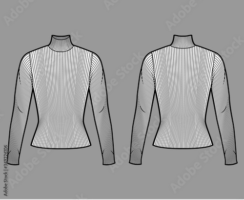 Turtleneck ribbed-knit sweater technical fashion illustration with long sleeves, close-fitting shape. Flat sweater apparel template front, back, white color. Women, men, unisex shirt top CAD mockup