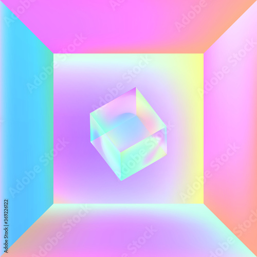 Empty room with floating translucent cube at the centre. Surreal illustration in vibrant holographic color tones.