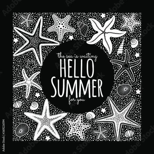 Vector postcard with drawn sea stars and shells on a black background.