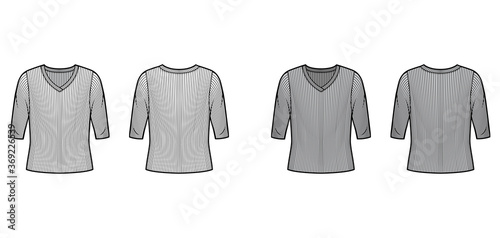 Ribbed V-neck knit sweater technical fashion illustration with elbow sleeves, oversized body. Flat outwear apparel template front, back white grey color. Women, men unisex shirt top CAD mockup