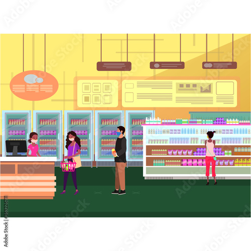 peoples are keeping their distance while lining at groceries shop cashier
