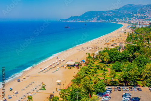  panorama of cleopatra beach in Alanya with blue sea and clean sand 