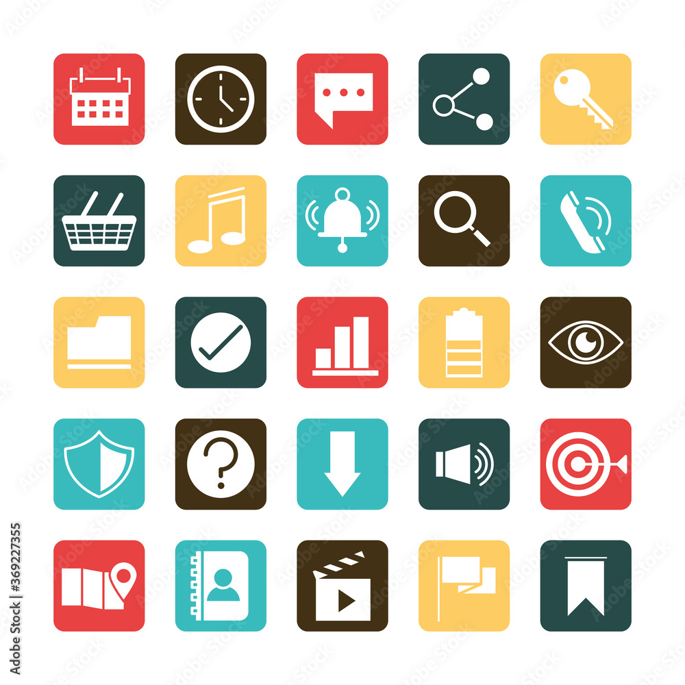 mobile application calendar clock sms video volume target telephone, web button menu digital flat style icons set mobile application calendar clock sms video volume target telephone, web button menu digital flat style icons set