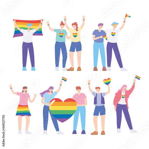 LGBTQ community, homosexual people with flag and heart rainbow, gay parade sexual discrimination protest