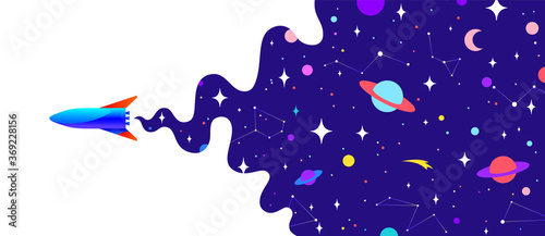 Universe. Motivation banner with universe cloud, dark cosmos, planet, stars and rocket spaceship. Banner template with universe starry dark night dream background. Vector Illustration photo