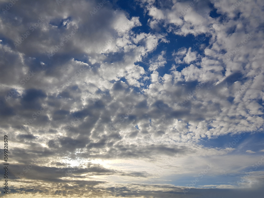 Dawn sky clouds background. Beautiful landscape with clouds and orange sun on sky
