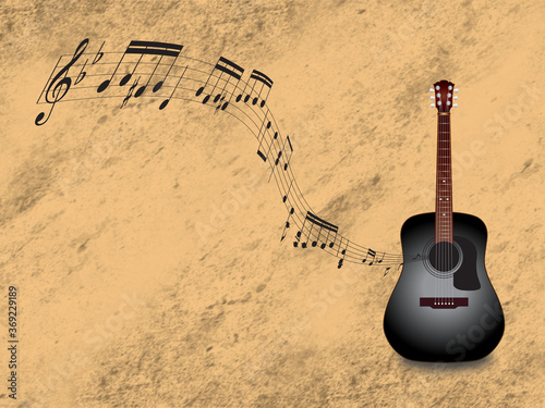 ギターと楽譜、音符のイラスト 黒 Black Guitar and Music sheet and note illustration
