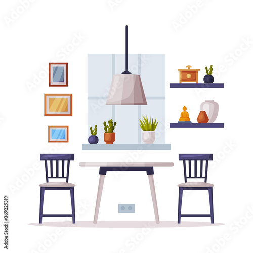 Modern Cozy Kitchenroom Interior Design, Chairs and Coffee Table Comfy Furniture and Home Decoration Accessories Vector Illustration