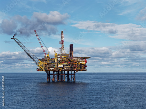 The Gannet A installation owned and operated by Shell UK on a calm, warm Summers day in the UK North Sea.