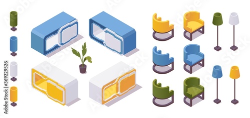 Isometric set of capsule hotel furniture top front view isolated on white with shadows drawn in vibrant colors
