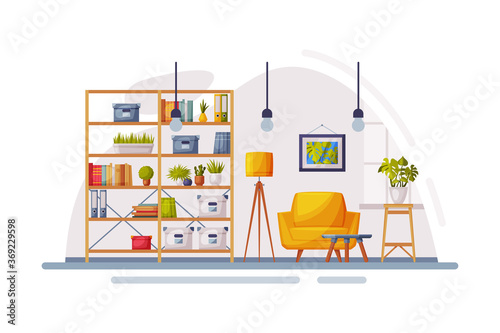 Cosy Modern Room Interior Design, Apartments with Comfy Furniture and Home Decor in Trendy Scandinavian Style Vector Illustration