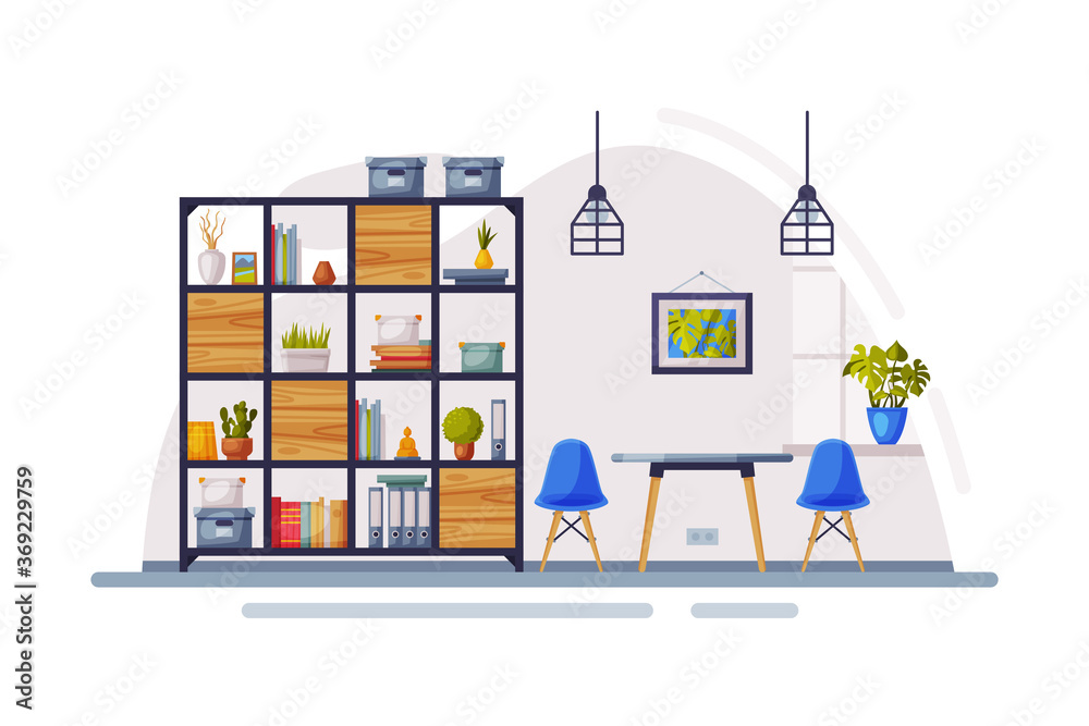 Modern Room Interior Design, Cozy Apartments with Comfy Furniture and Home Decor, Bookcase, Coffee Table, and Chairs Vector Illustration