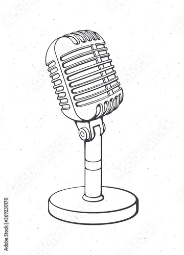 Monochrome retro microphone for voice, music, sound, speak, radio recording. Outline. Vector illustration. Jazz, blues, rock vintage mic. Hand drawn sketch. Isolated white background