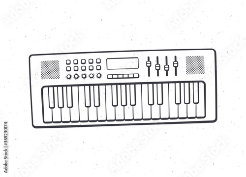 Electronic keyboard musical instrument synthesizer. Outline. Vector illustration. Modern electro piano. Pop, disco, dance, jazz equipment. Hand drawn sketch. Isolated white background