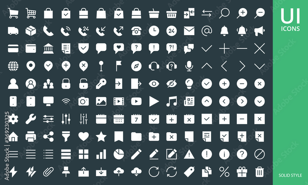 UI UX icon set. Set of website user interface solid and glyph ecommerce icons