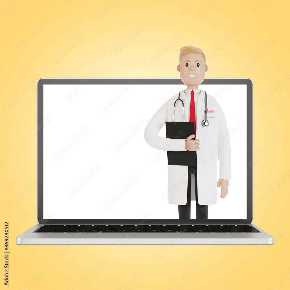 Laptop screen with male doctor. Online health insurance concept. The doctor holds the contract. 3D illustration in cartoon style. Laptop screen with male doctor. Online health insurance concept. The doctor holds the contract. 3D illustration in cartoon style.